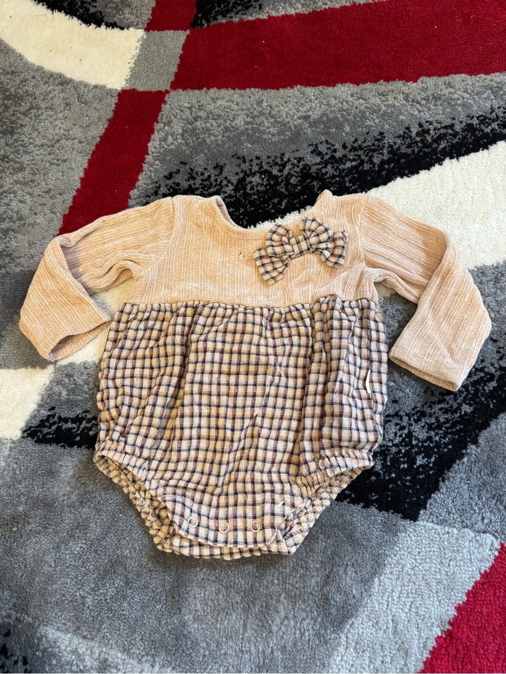 Baby Long-Sleeve Plaid Bow Romper - Beige